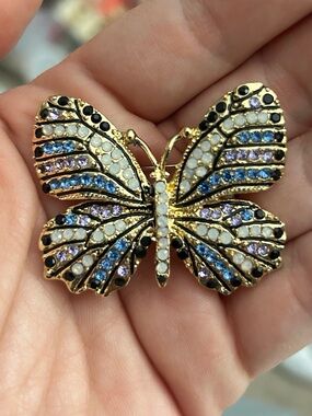Gold Butterfly Brooch with Blue, Purple and White Crystals